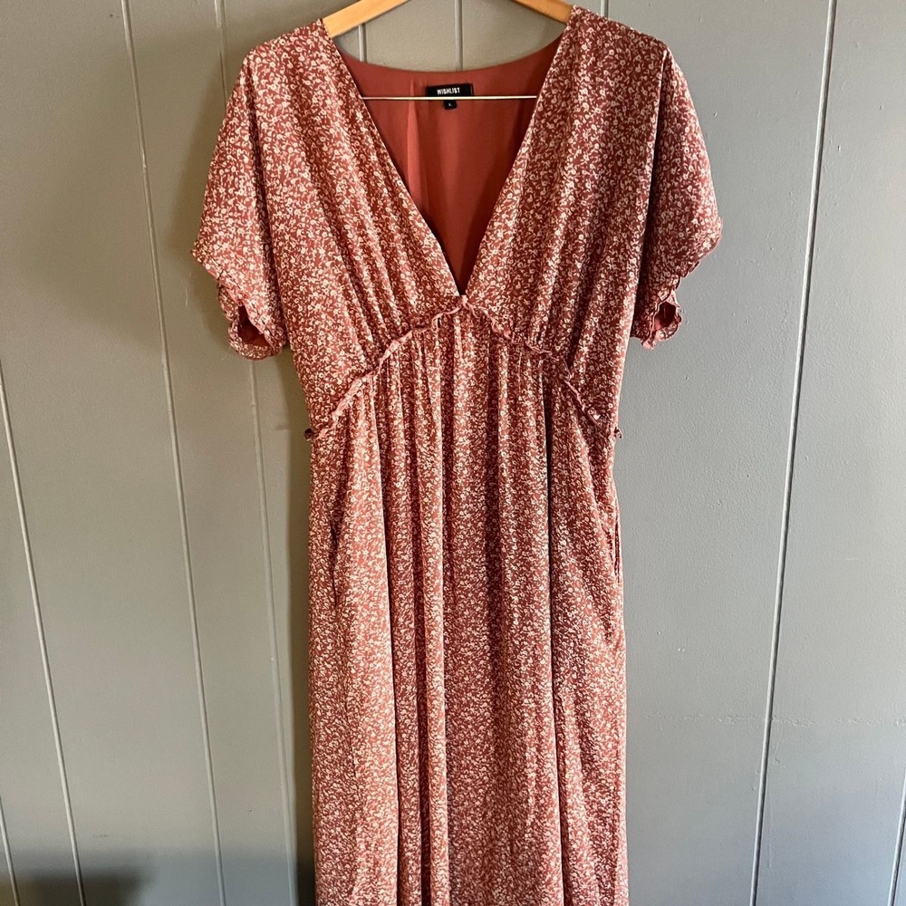 Wishlist Rust Floral Maxi Dress V-Neck Flutter Sleeve Pockets WL21-6106 Large